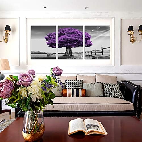 בד Huadaoart Canvas מדפיס עץ סגול אמנות קיר בד סגול קיר לעיצוב הבית מושלם 3 לוחות קיר סגול קישוטי נוף לסלון