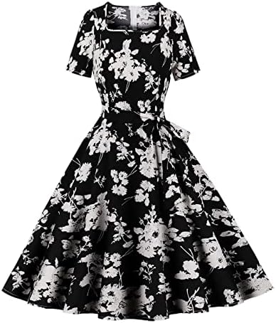 שמלת מסיבות גבירותיי קיץ רטרו פרח הדפס שרוול קצר שמלות MIDI שמלות צוואר מרובע מותניים גבוהים שמלת