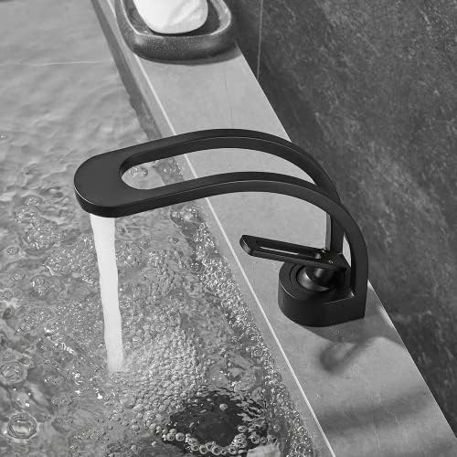 Lovedima חור יחיד מודרני ברז 1-ידית, ברז בכיור אמבטיה בצורת C בצורת C ברז פליז פליז מוצק בברון ברז, שחור
