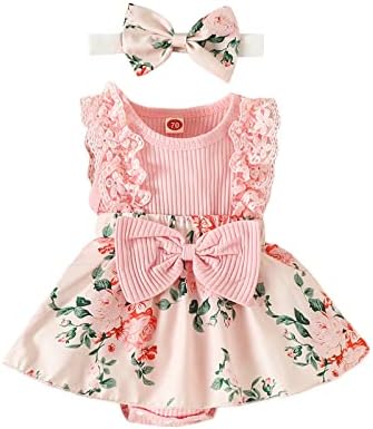 תינוקת יילוד תינוקת קיץ רומפר פרח הדפסת תחרה שמלת רומפר ללא שרוולים עם קשת בגדים חמודים