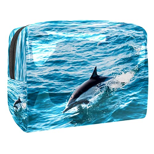 תיק איפור חמוד אוקיינוס ​​דולפין כחול PVC רוכסן רוכסן טיולים מארגן קוסמטיקה לנשים אשת ילדה אשת 7.3x3x5.1in
