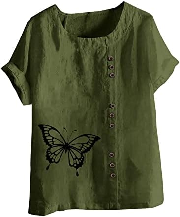 צמרות פשתן קיץ נשים חולצות שרוול קצר מזדמן חולצות פרפר פרפר כותנה פשתן טשירט