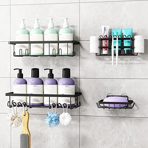 מארגן אמבטיה של מקלחת קאדי, מדפי מקלחת דביקה עצמית עם מחזיק סבון, אחסון מדף אמבטיה של קיר, אביזרים