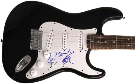 רוני ווד חתום על חתימה בגודל מלא פנדר שחור סטרטוקסטר גיטרה חשמלית עם ג'יימס ספנס ג'סא מכתב