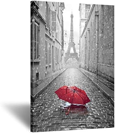 אמנויות kreative שחור לבן רומנטי רחוב פריז עכשווי אמנות עכשווי הדפסים מגדל אייפל עם מטרייה אדומה