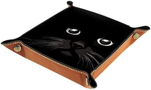 מגש שירות עור, מגש קוביות מחזיק מרובע מתקפל, צלחת מארגן שידה לשינוי מפתח מטבע, חתול שחור