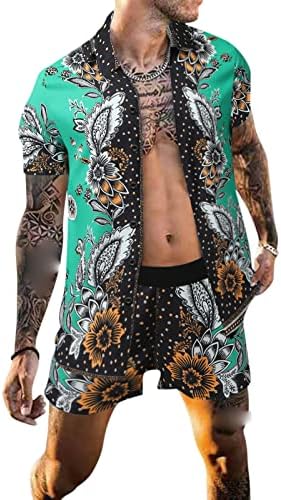 2023 גברים חדשים מחליפים מכנסי חולצת צווארון סט שרוול קצר מזדמן הדפס הוואי הדפס אופנה חולצת קיץ חליפת
