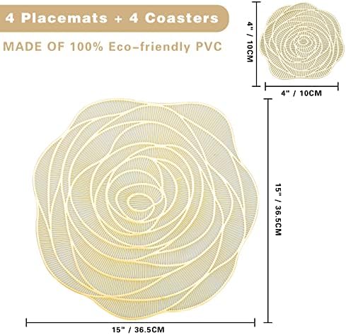 סט של פיקסמטים של 4, מחצלות שולחן גזרת ורדים עגולה עם תחתיות לשולחנות אוכל עמידים לחום רחיץ ללא החלקה לקישוטים