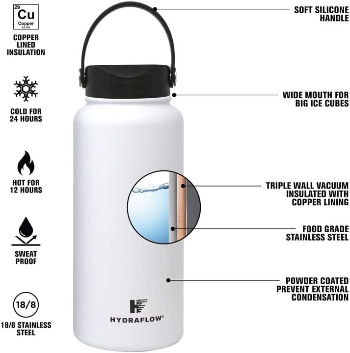Hydraflow Hybrid - בקבוק מים מבודד בקיר משולש עם מכסה פה רחב תרמוס מתכת נירוסטה, הוכחת דליפה לשימוש חוזר