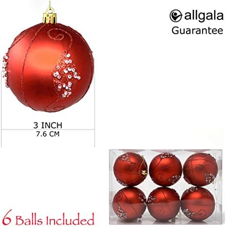 Allgala 6-PK 3 אינץ 'גליטר נצנצים קישוט עשיר עץ חג המולד כדורים