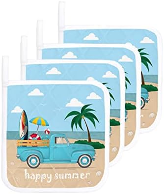 מחזיק סיר של 4 מכונית כחולה של חוף קיץ עם לוח גלישה הוכחת חום חום מחזיקי סיר ללא החלקה, רפידות