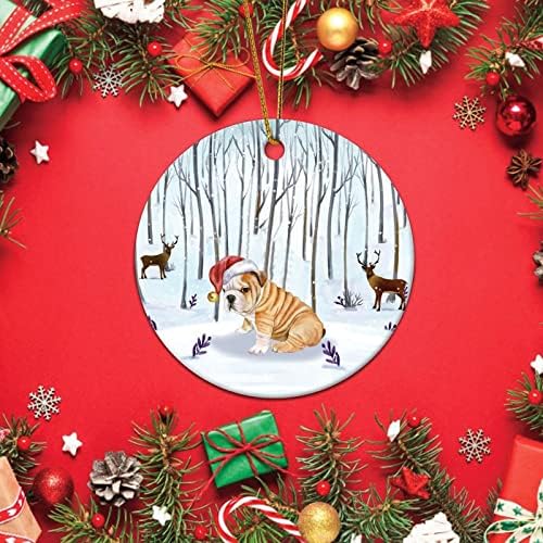 קרמיקה עגולה לחג המולד כלב קישוט עם כובע חג מולד וצבי קישוטים תלויים לחג המולד קישוט חרסינה לבן מותאם אישית לקישוט