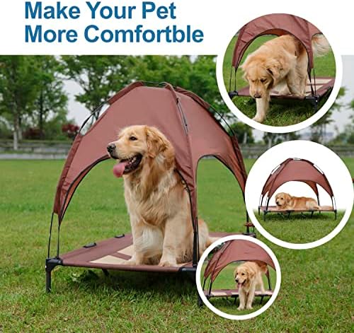 Hooyeatlin מיטת כלבים גדולה מוגבהת עם חופה - משודרג 48 אינץ 'מיטת מיטת כלבים מוגבהת חיצונית עם אוהל צל