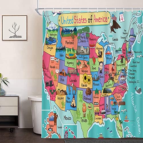 NYMB Kids Map של וילון האמבטיה של ארצות הברית, עובדות מהנות מצוירות גיאוגרפיה ארהב מפת ארהב, וילון