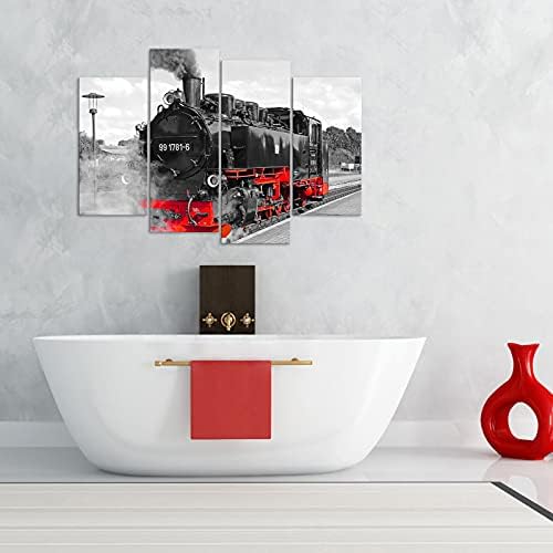 רכבת בד קיר אמנות-בציר שחור ולבן אדום קיטור רכבת תמונה קיר תפאורה ממוסגר גדול 4 פנלים כפרי ישן רכבת תעשייתי