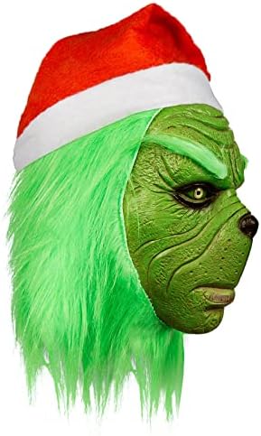 מסכת מפלצת ירוקה של דמי שרקי, מסכת מפלצת גדולה של חג המולד ירוקה עם כובע סנטה קלאוס, חג המולד