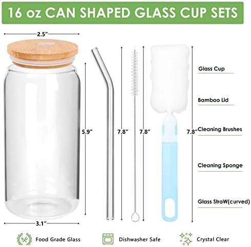 2 חבילה כוסות זכוכית 16 אונקיות עם מכסים וקשיות ,כוס שייק כוס זכוכית עם קש ומכסה,כוס קפה קר עם מכסים