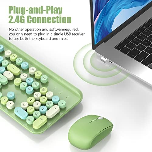 Mobifice מקלדת אלחוטית ועכבר משולבת ירוקה צבעונית אלחוטית אלחוטית 2.4 גרם USB פלאג-ומשחקה חמוד מקלדת