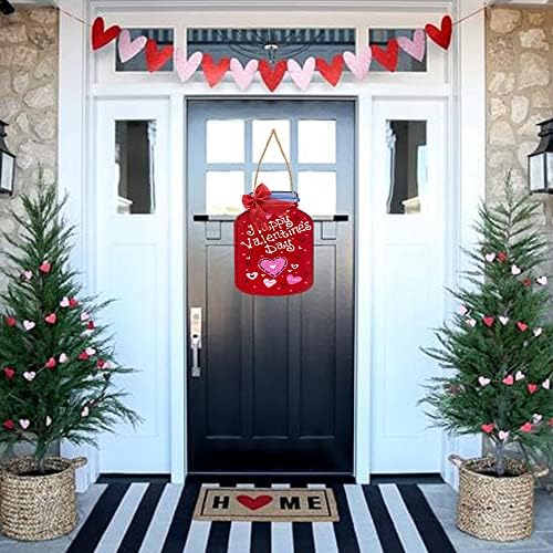 ג'ויירטי ולנטיין יום דלת קול קולב ברוך הבא, שלט דלת עץ של חג האהבה שמח לוח עץ בצורת צנצנת עם קישוט קשת פשתן