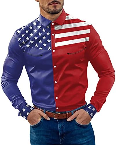 חולצות מזדמנות של XXBR לגברים, כפתור למטה דגל אמריקאי פסים שרוול ארוך חולצת אופנה רחוב קלאסית לעבודה לעבודה