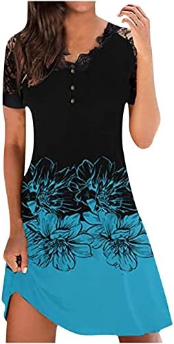 Lcziwo שמלות חולצה מזדמנות של קיץ לנשים תחרה פרחונית שרוול קצר שמלת טוניקה כפתור קדמית מודפסת שמלה קצרה