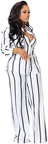 מכנסיים מגדירים נשים 2 תלבושות תלבושות עם שרוול ארוך כפתור פס מטה וחולצה ומותניים גבוהות מכנסי רגל