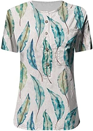 צמרות נשים פרחוניות הנלי חולצה רבע כפתור במעלה חולצות הוואי שרוול קצר הנלי צוואר 2023 חולצת פשתן קיץ