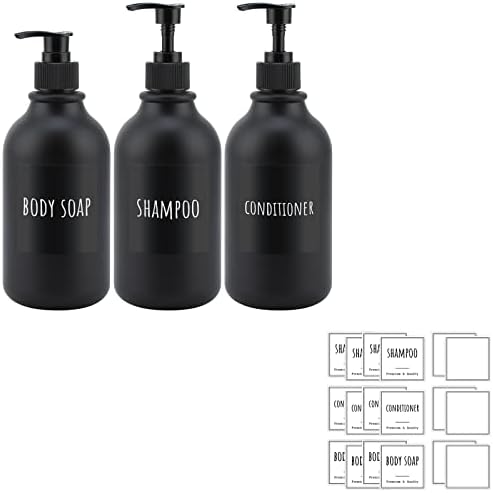Segbeauty 3 יחידות 16.9oz מתקן סבון שחור מט, 18 יחידות תוויות אטומות למים לבקבוקי מקלחת, שמפו לחדר אמבטיה