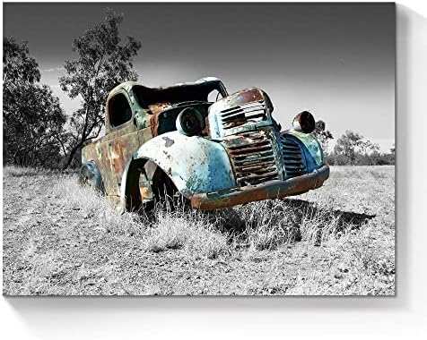 ישן משאית בד קיר אמנות: חלוד כחול רכב יצירות אמנות כפרי רכב ציור בציר עתיק המדינה תמונה שחור ולבן הדפסת לסלון