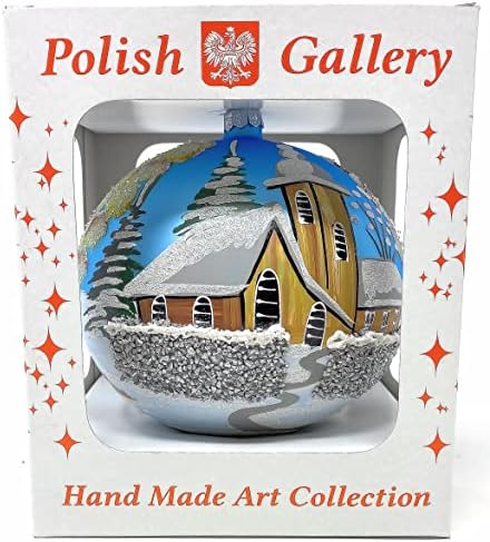גלריה פולנית קישוט לחג המולד, כנסיית כפרית ובתי בולי עץ נוף, כדור זכוכית מפוצץ 6 אינץ '