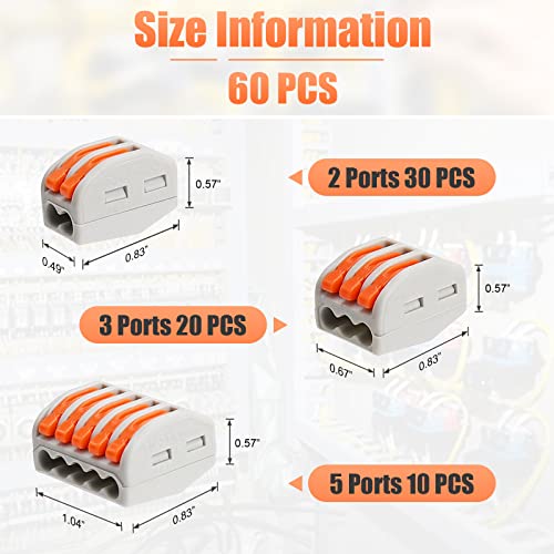 60 יחידות מנוף אגוזי חוט מחברים, 2 3 5 יציאת קומפקטי שחבור חוט חשמל מחבר מבחר ערכת עבור חיווט 28-12 אוג,