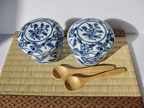 כלי מינו כוסות צ ' ואן-מושי יפניות עם מכסה וכף תבנית אדמונית פרחונית אותנטית סט כחול כהה של 2 טר20835