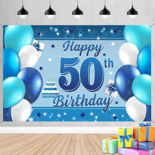 כחול שמח 50 יום הולדת באנר רקע 50 שנים יום הולדת קישוטי ספקי צד לנשים גברים בלוני מתנות 50 יום