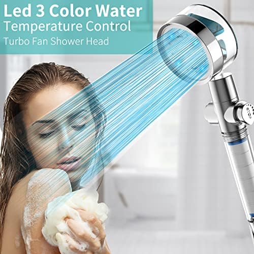 ראש מקלחת LED עם כף יד ו -3 צבעים טמפרטורת מים מבוקרת אור, מאוורר טורבו לחץ גבוה הידרו סילון מנתק