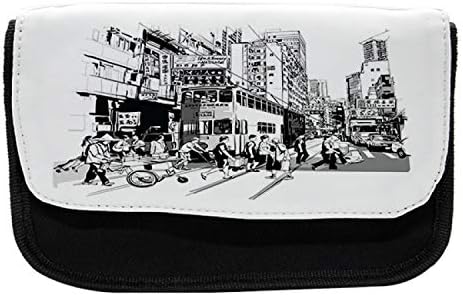 מארז עיפרון הונג קונג לונאנג, סצנה סינית במרכז העיר, תיק עיפרון עט בד עם רוכסן כפול, 8.5 x 5.5, שחור ולבן