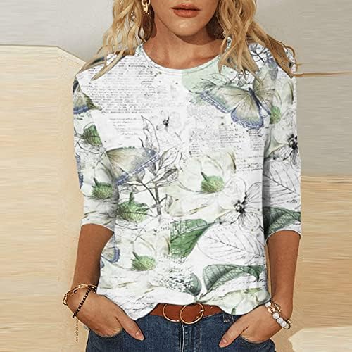 עיתון פרפר ירוק ליים חולצות גרפיות פרחוניות גרפיות לנשים 3/4 שרוול שרוול צוואר בראנץ 'חולצות חולצות טשירטס נער