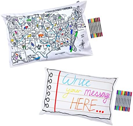 EatsleepDoodle Childs Bundle - צבע בסט של 2 מקרי כריות בעיצובים מחברת Doodle ומפה של ארצות הברית, 10 סמנים