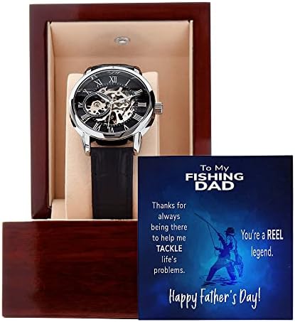 שעון מתנה לאבא הדייג שלי עם כרטיס הודעה, שעון פתוח לאבא, מתנת יום האב מהבן, שעון פתוח לגברים עם קופסת מהגוני,