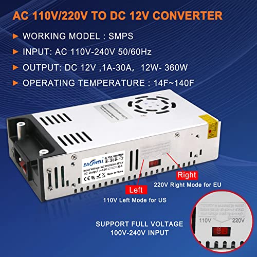 גרסה חדשה AC DC Converter 360W עם מתג, Eagwell SMPS 110V AC עד 12V DC Converter Applicer Buchning