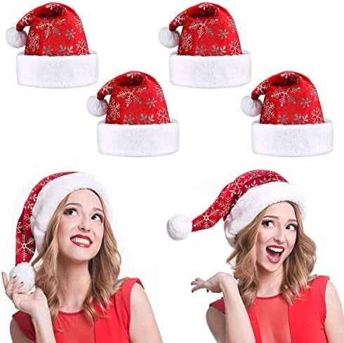 4 כובע חג המולד סנטה כובע, כובע סנטה מבוגרים כובעי חג המולד, לשימוש חוזר כפול אוניית קטיפה עם פתית שלג דפוס, לילדים