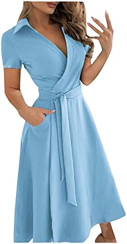 שמלות מקסי של Fragarn לנשים 2022 וינטג 'משנות החמישים מחשוף שרוול קצר שקשור שמלת מותניים א-קו-קו מפלגת