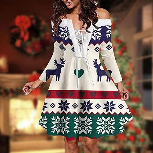 אופנה לנשים מזדמן דפוס חג המולד לחג המולד V צווארון שמלות סוודר שמלות 2022