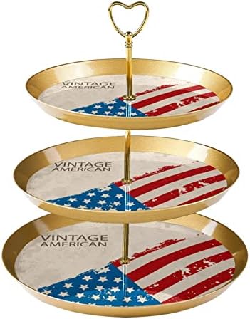 תצוגה למאפה עם 3 מגש הגשה עגול שכבות, דגל וינטג 'דגל אמריקאי פטריוטי מחזיק עץ מגדל עוגת מגדל קינוח