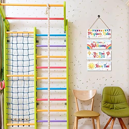 חוקי משחק מעורר השראה לוחות שלט עץ, חדר ילדים חמוד לחדר תלייה קישוט עם עפיפון קשת דגלים צבעוניים, עיצוב שלט צבעי