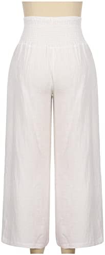 יוז'יה נשים מכנסי פשתן אלסטיים מותניים גבוהים רגל רחבה מכנסי טרקלין פלאצו מכנסיים זורמים זורמים מכנסי חוף עם כיסים
