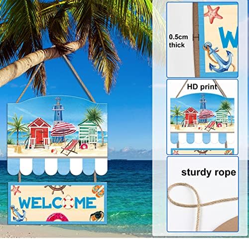 עיצוב נושא חוף קיירן, שלט קיץ לדלת הכניסה תלויה לוחית עץ ברוך הבא עיצוב חיצוני, כחול לבן חוף ים סט
