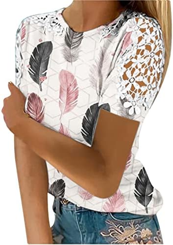 צמרות קיץ לנשים 2023 חולצת טריקו מודפסת אופנה תחרה שרוולים קצרים חולצה חולצה עגולה