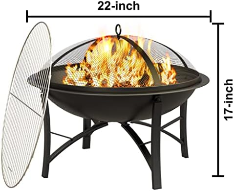 בור אש יופי אש לחיצה חיצונית שריפת אש BBQ BBQ קערת אש פלדה עם כיסוי מסך ניצוץ, מגרש עץ, פוקר לקמפינג