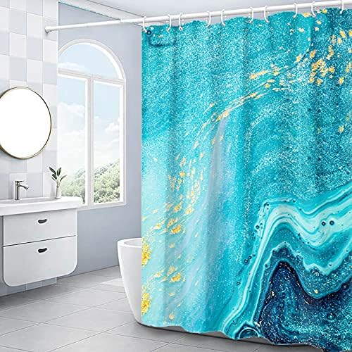 דומוקו וילון מקלחת שיש בזהב כחול, קווים סדוקים זהובים כחולים תקציר וילון מקלחת מודרני לעיצוב
