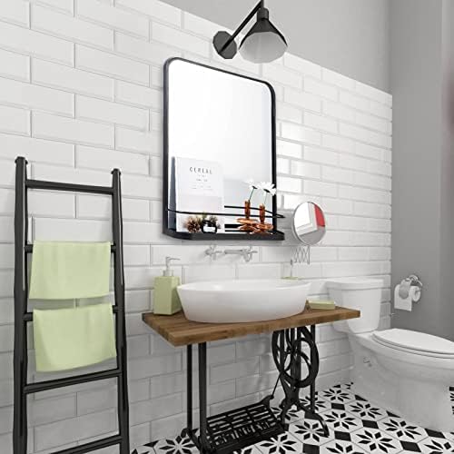 מראה חדר אמבטיה שחור Vasuhome עם מדף - מראה יהירות אמבטיה עם מסגרת מתכת עם פינות מעוגלות - 26.8